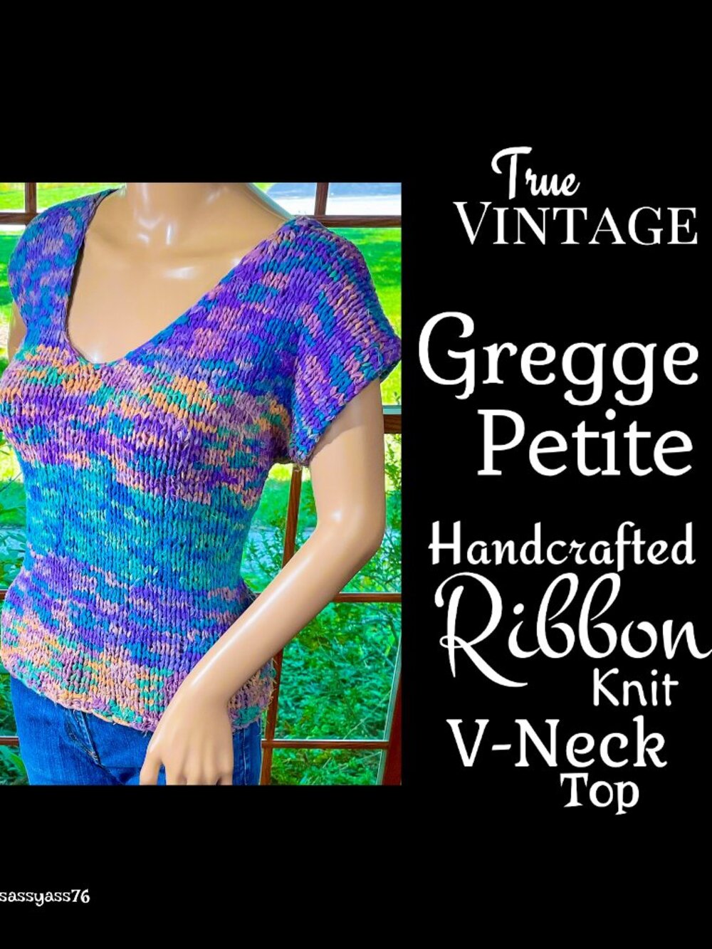 ▪️VTG▪️GREGGE PETITE▪️1980's Retro Pastels Handcrafted Ribbon Knit V-Neck Top